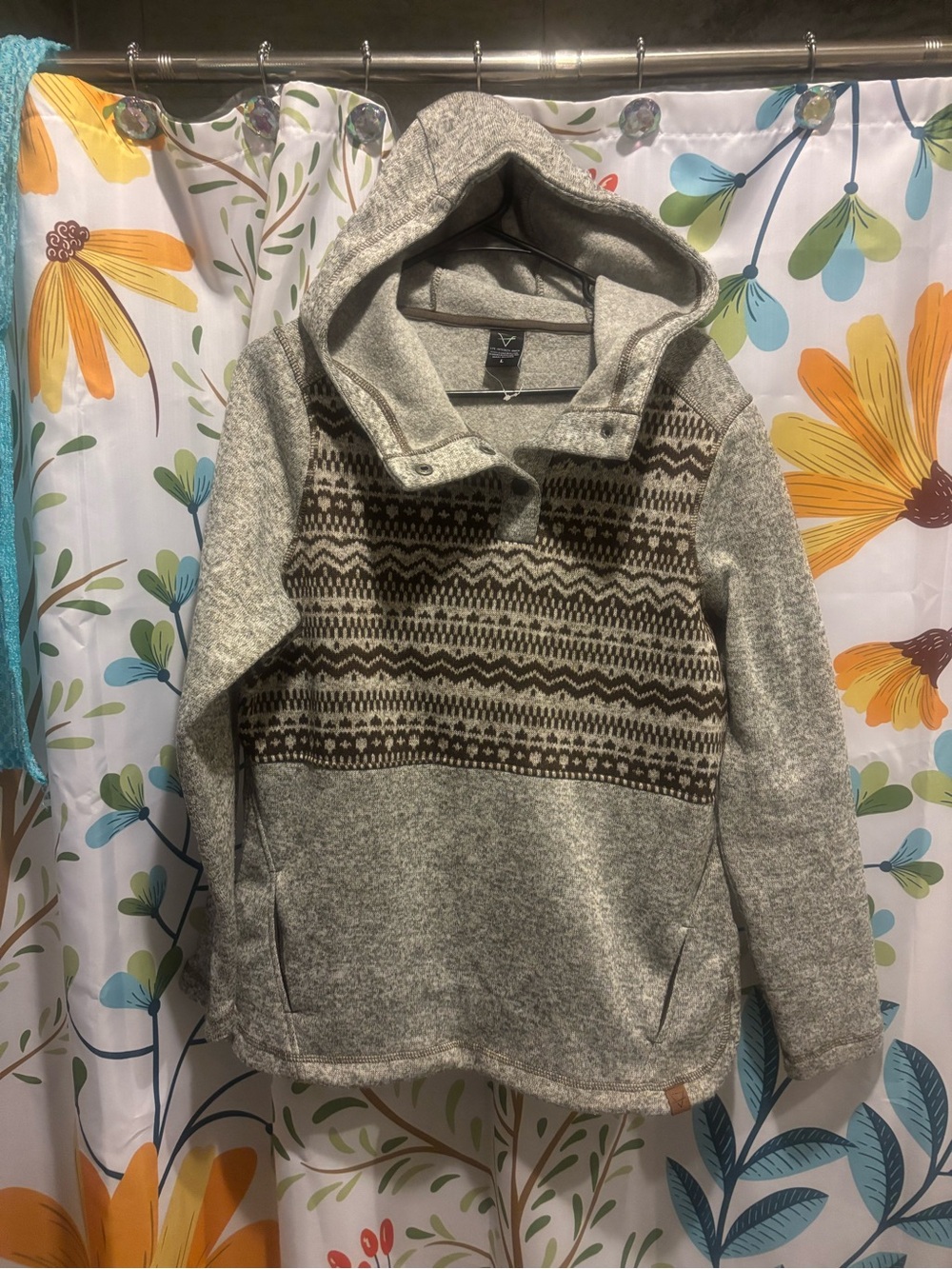 Gray Hooded Pullover with Fair Isle Chest Panel - Women's Sweatshirt